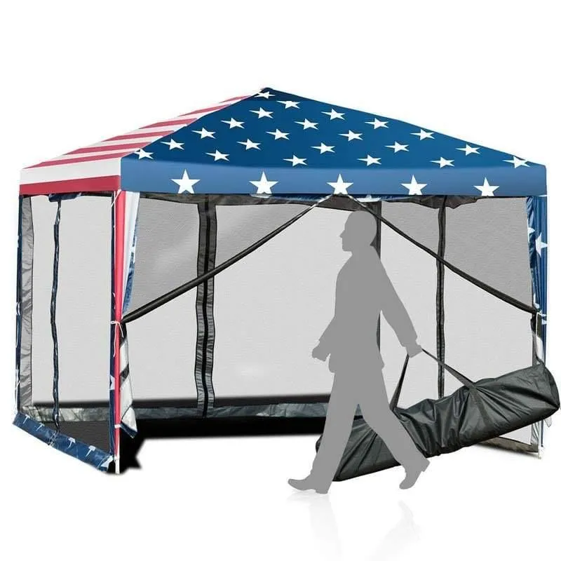 PulseMartix  10’ x 10’ Pop-up Canopy Tent Easy Up Canopy with Mesh Sidewalls & Carrying Bag, American Flag Outdoor Canopy for Backyard Lawn