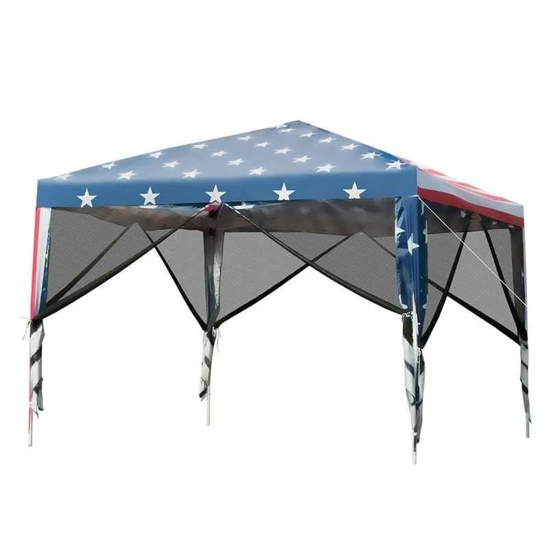 PulseMartix  10’ x 10’ Pop-up Canopy Tent Easy Up Canopy with Mesh Sidewalls & Carrying Bag, American Flag Outdoor Canopy for Backyard Lawn
