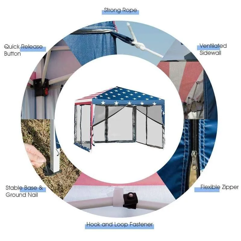 PulseMartix  10’ x 10’ Pop-up Canopy Tent Easy Up Canopy with Mesh Sidewalls & Carrying Bag, American Flag Outdoor Canopy for Backyard Lawn