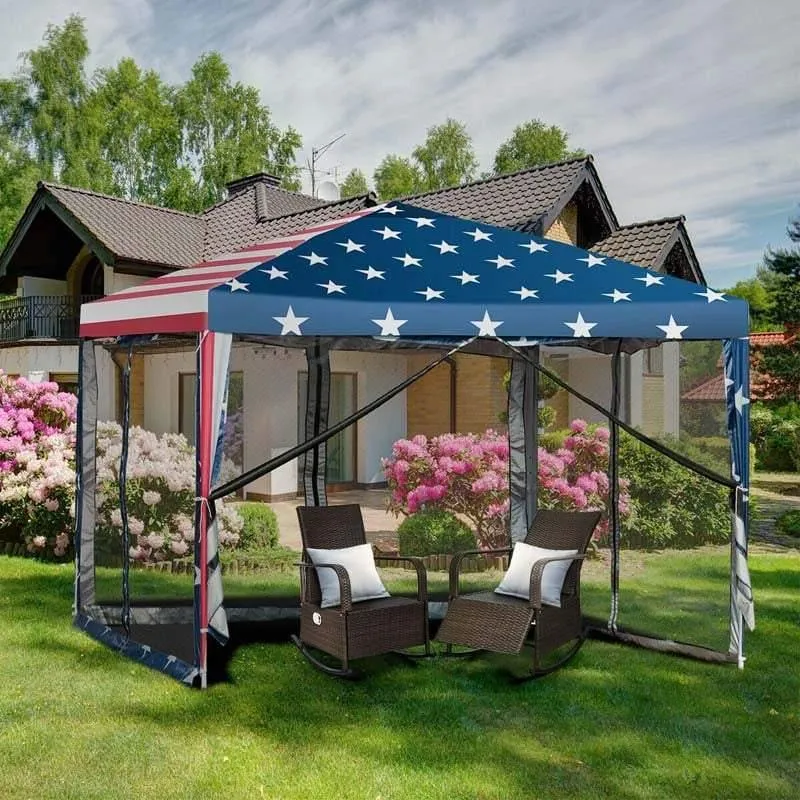 PulseMartix  10’ x 10’ Pop-up Canopy Tent Easy Up Canopy with Mesh Sidewalls & Carrying Bag, American Flag Outdoor Canopy for Backyard Lawn