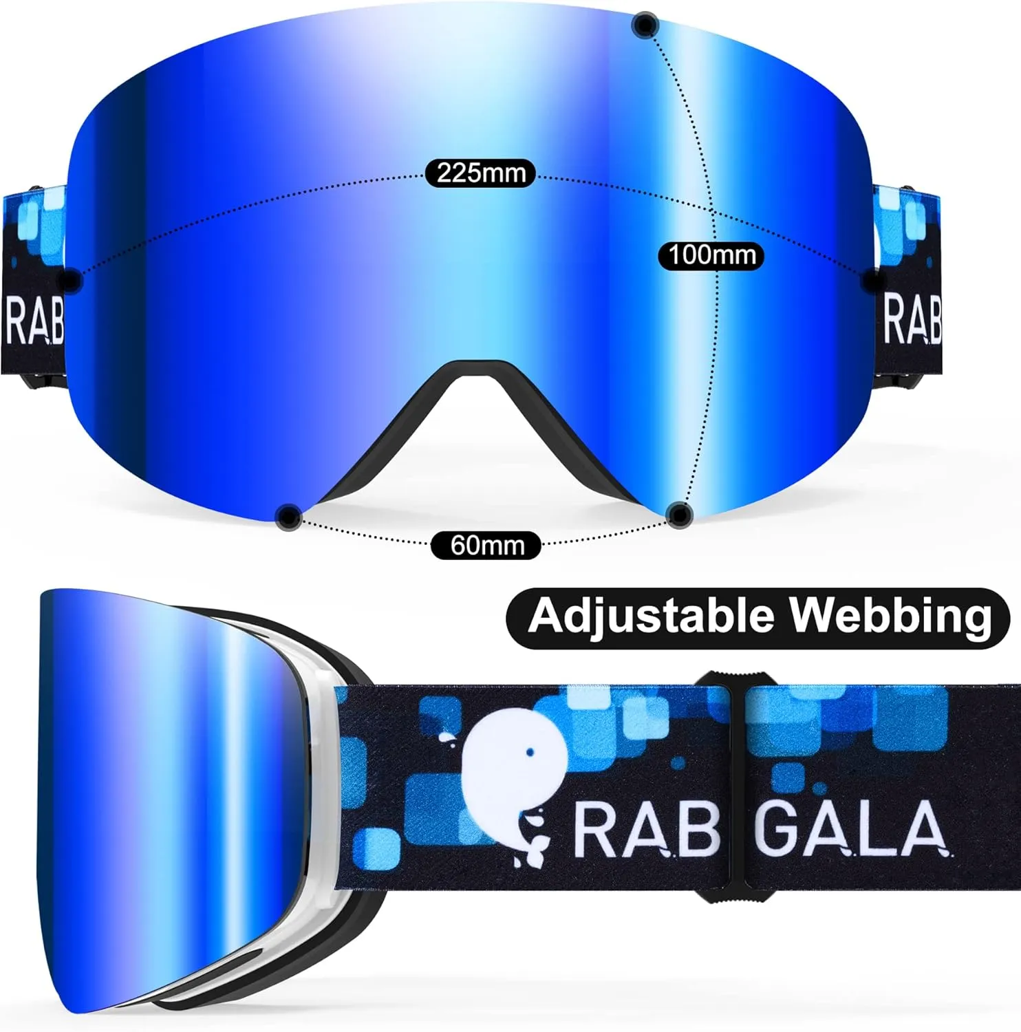 RABIGALA Ski Goggles Snow Snowboarding Goggles Interchangeable Lens Frameless Anti-fog Skiing Goggles