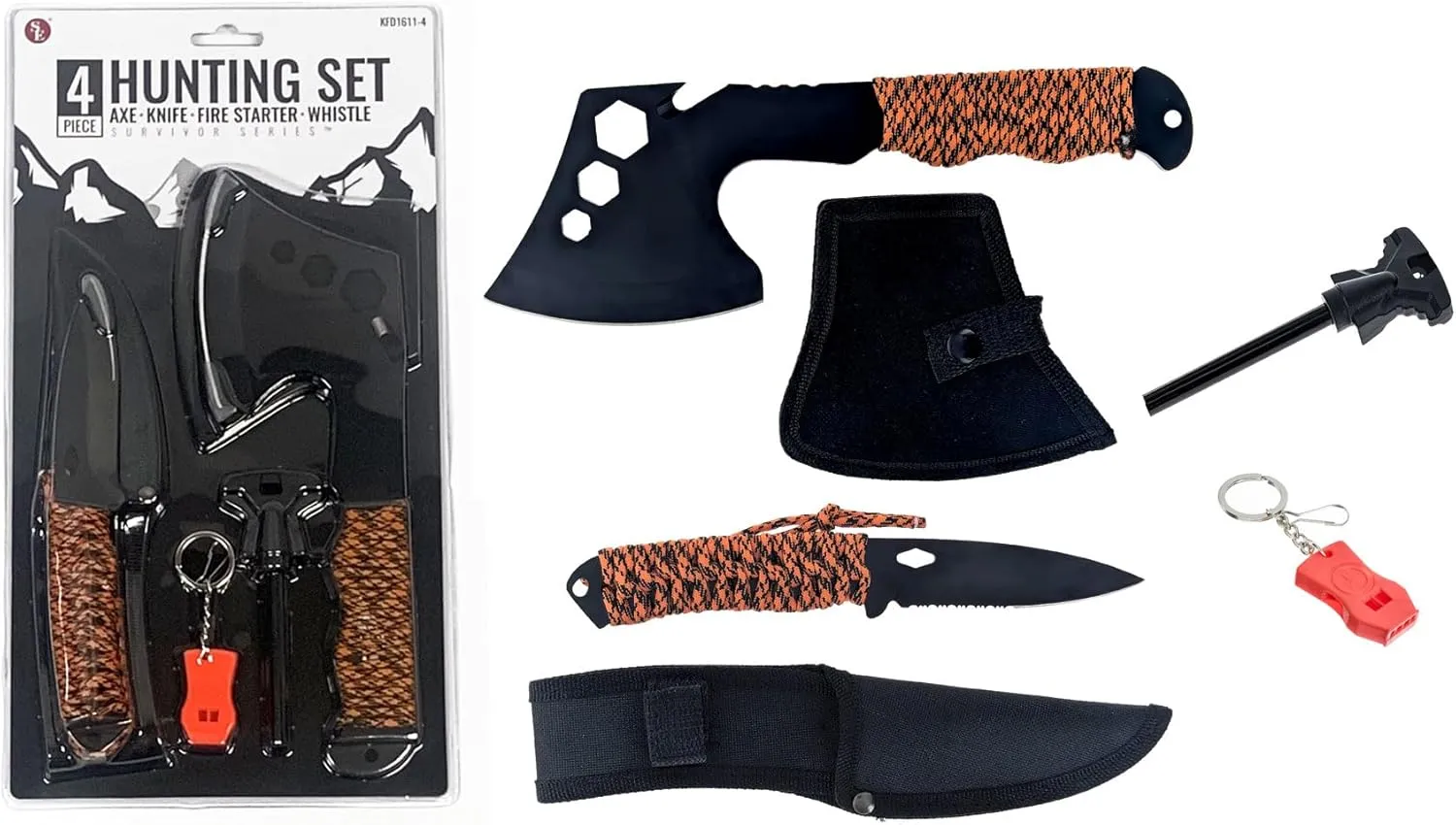 SE 4-Piece Survival Essentials Kit with 10.5-Inch Axe, 8-Inch Drop Point Knife, Magnesium Fire Starter, & 115dB Whistle - Hunting & Outdoor Gear