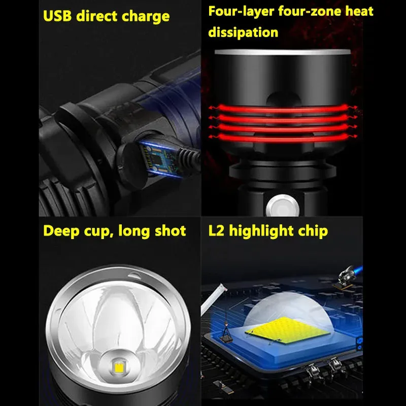 Super Bright L2 P70 LED Flashlight High Power Built-in 26650 Battery USB Rechargeable Aluminum Alloy Waterproof  Torch