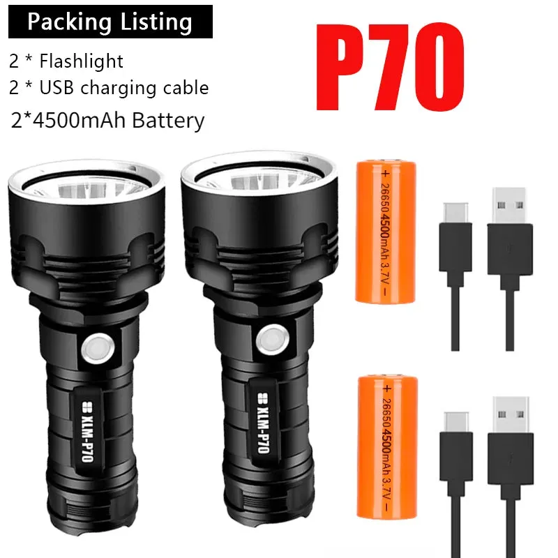 Super Bright L2 P70 LED Flashlight High Power Built-in 26650 Battery USB Rechargeable Aluminum Alloy Waterproof  Torch