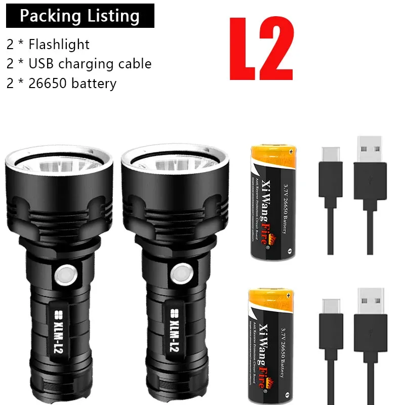 Super Bright L2 P70 LED Flashlight High Power Built-in 26650 Battery USB Rechargeable Aluminum Alloy Waterproof  Torch