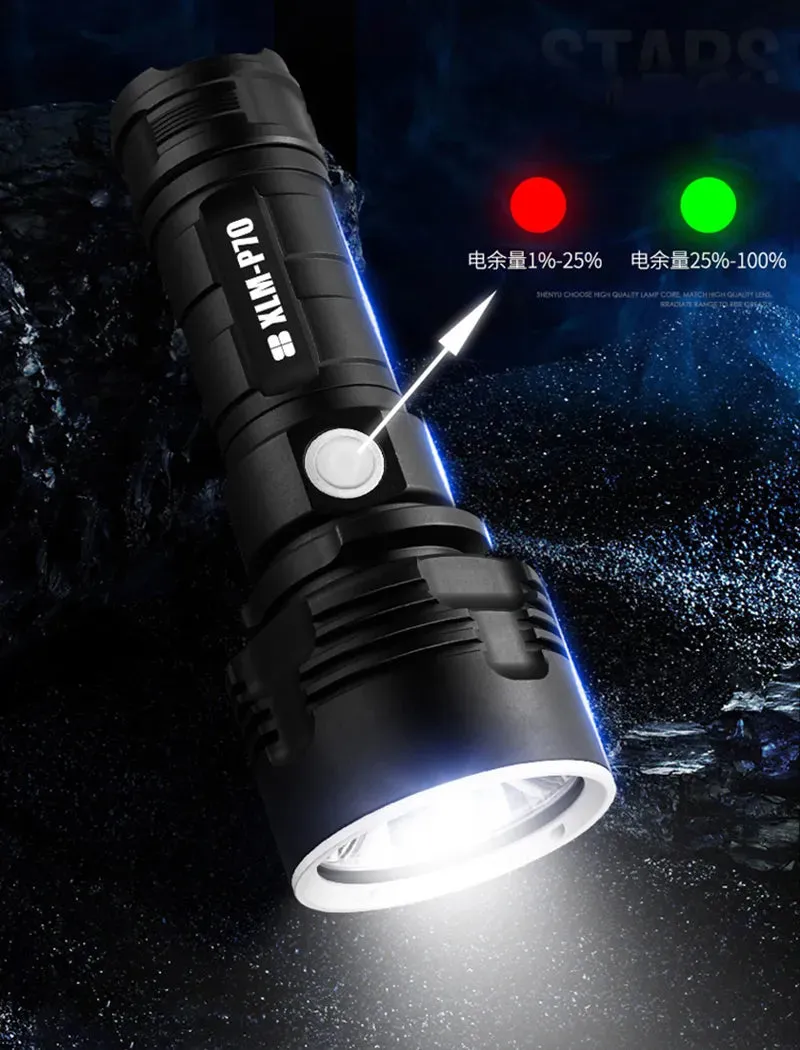 Super Bright L2 P70 LED Flashlight High Power Built-in 26650 Battery USB Rechargeable Aluminum Alloy Waterproof  Torch