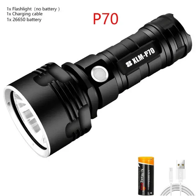 Super Bright L2 P70 LED Flashlight High Power Built-in 26650 Battery USB Rechargeable Aluminum Alloy Waterproof  Torch