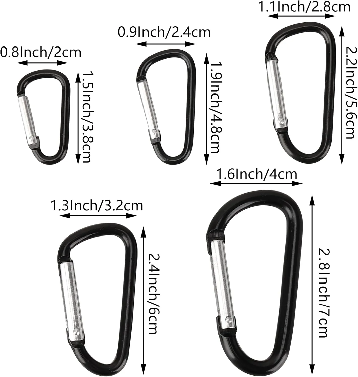 SWATOM Aluminum Carabiner Clip Snap Hook Keyring 1.5/1.9/2.2/2.4/2.8 Inch Carabiners Keychains Black(10P/20P)