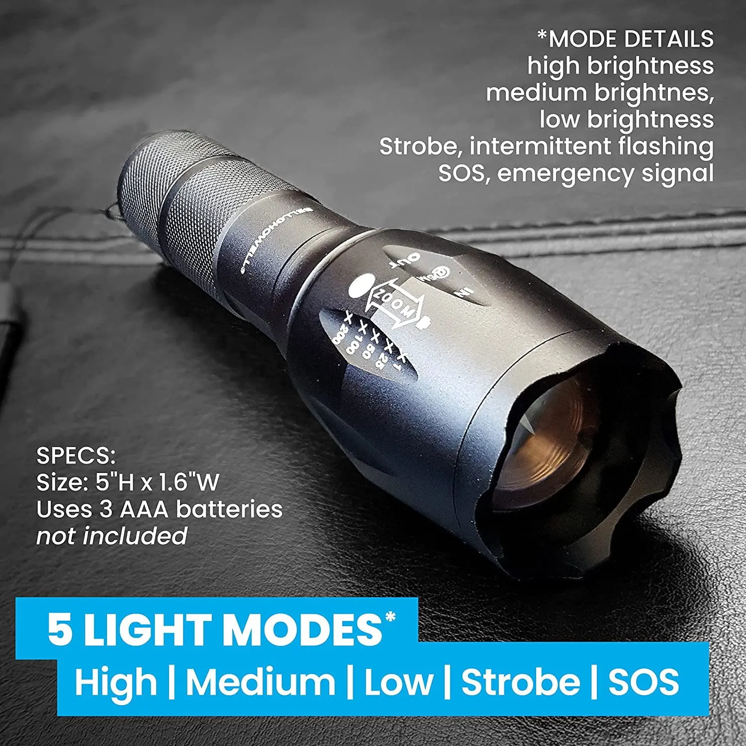 Taclight Tactical Flashlight 3 Pack Tac Light Weatherproof Aircraft Grade Aluminum Construction, 5 Light Modes with 50,000 Hour Cree LEDs, 40x Brighter – As Seen on TV