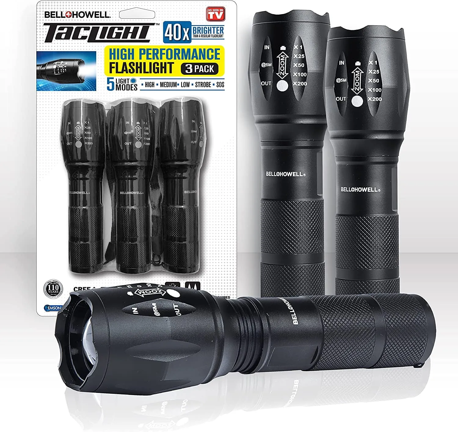 Taclight Tactical Flashlight 3 Pack Tac Light Weatherproof Aircraft Grade Aluminum Construction, 5 Light Modes with 50,000 Hour Cree LEDs, 40x Brighter – As Seen on TV