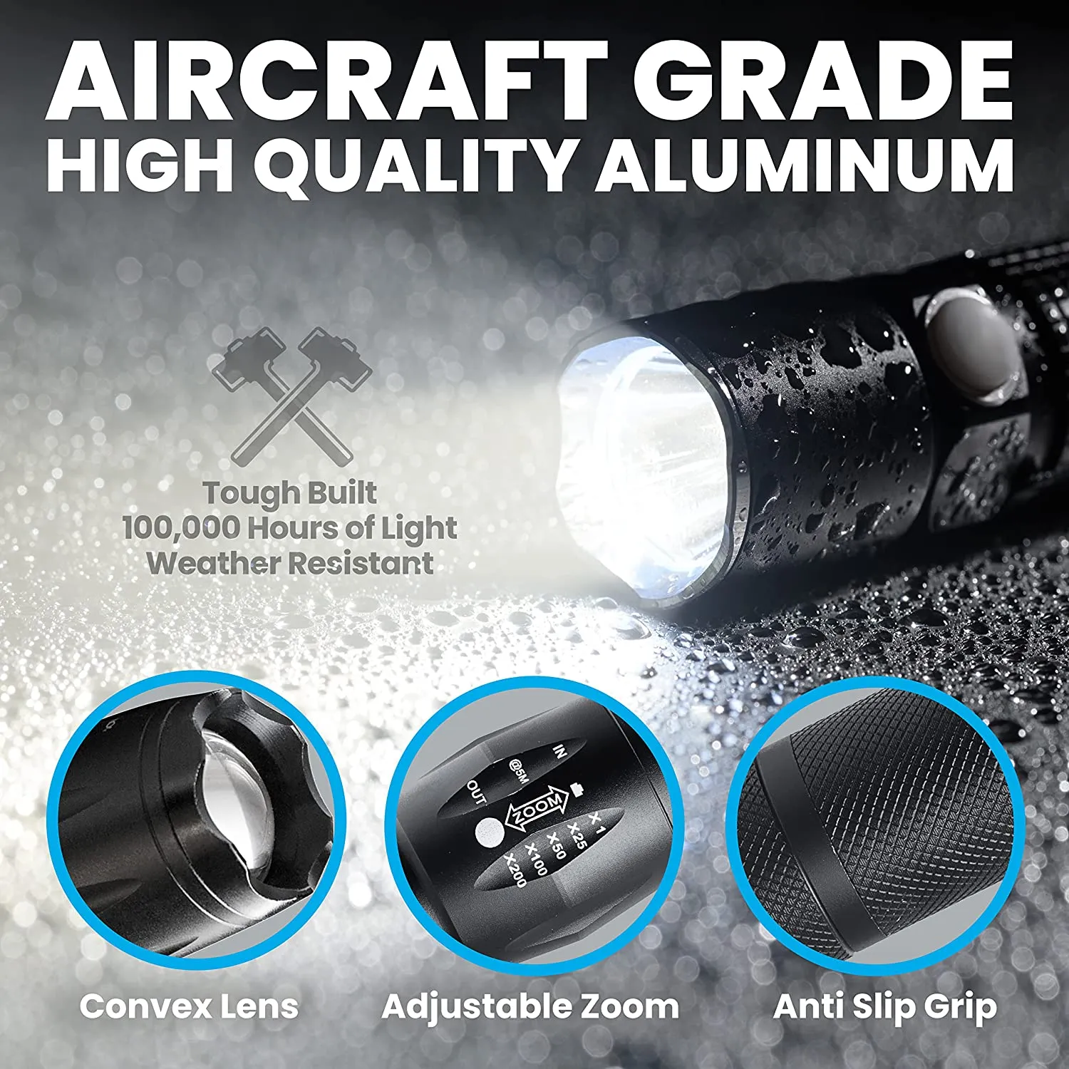 Taclight Tactical Flashlight 3 Pack Tac Light Weatherproof Aircraft Grade Aluminum Construction, 5 Light Modes with 50,000 Hour Cree LEDs, 40x Brighter – As Seen on TV