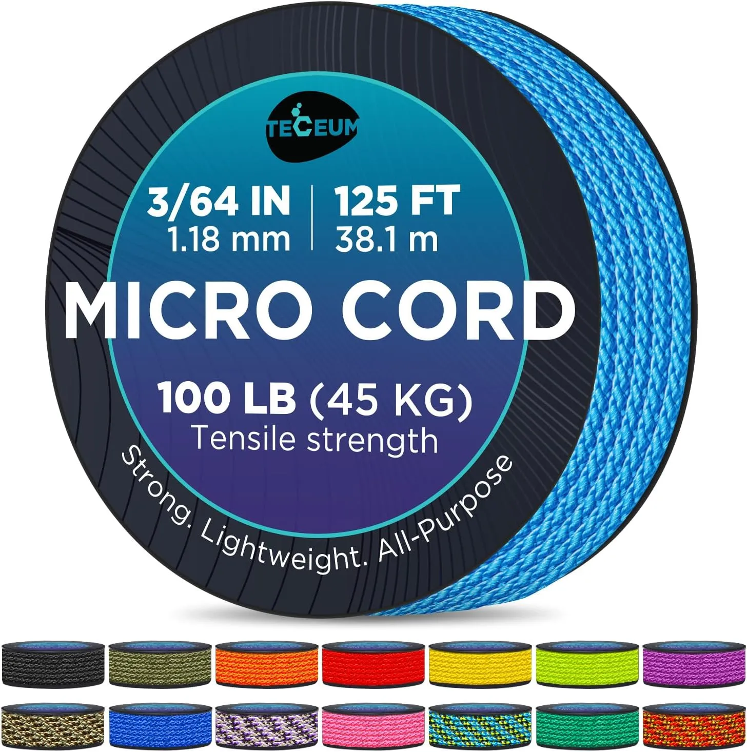 TECEUM Micro Paracord  1.18 mm X 125 ft  Micro Utility Cord  Thin Braided Paracord Rope  Best for Crafting, DIY Projects, Fishing, Camping  Wind Chime Replacement  Survival Strong String