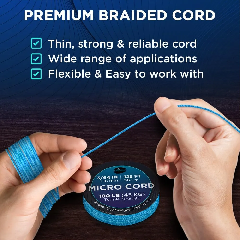 TECEUM Micro Paracord  1.18 mm X 125 ft  Micro Utility Cord  Thin Braided Paracord Rope  Best for Crafting, DIY Projects, Fishing, Camping  Wind Chime Replacement  Survival Strong String