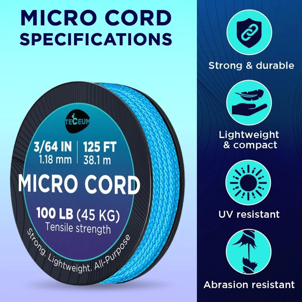 TECEUM Micro Paracord  1.18 mm X 125 ft  Micro Utility Cord  Thin Braided Paracord Rope  Best for Crafting, DIY Projects, Fishing, Camping  Wind Chime Replacement  Survival Strong String
