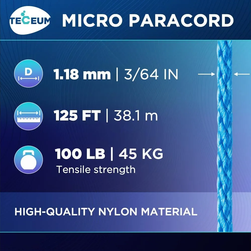 TECEUM Micro Paracord  1.18 mm X 125 ft  Micro Utility Cord  Thin Braided Paracord Rope  Best for Crafting, DIY Projects, Fishing, Camping  Wind Chime Replacement  Survival Strong String