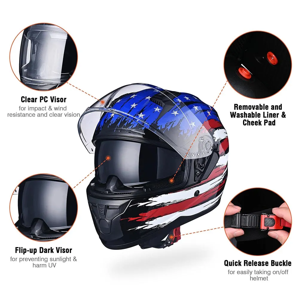 TheLAShop Helmet RUN-F Full Face Helmet Dual Visor DOT US Flag