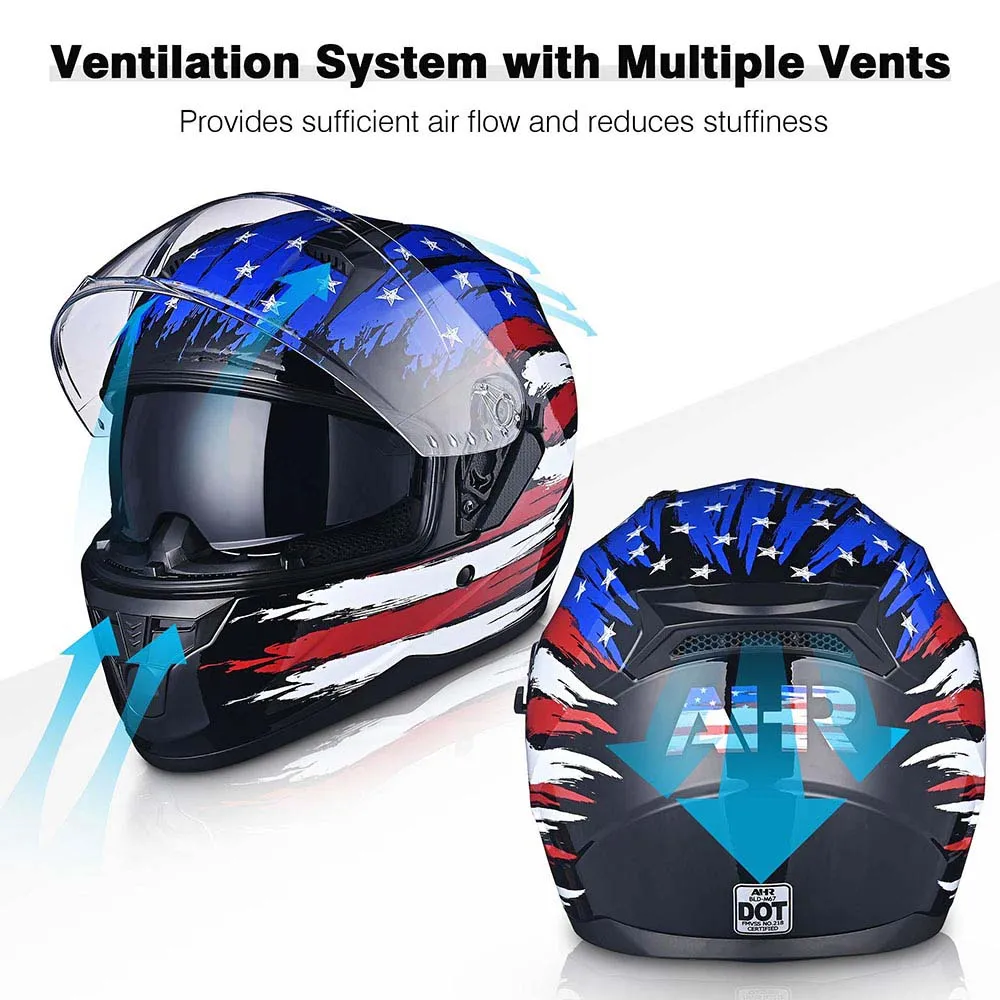 TheLAShop Helmet RUN-F Full Face Helmet Dual Visor DOT US Flag