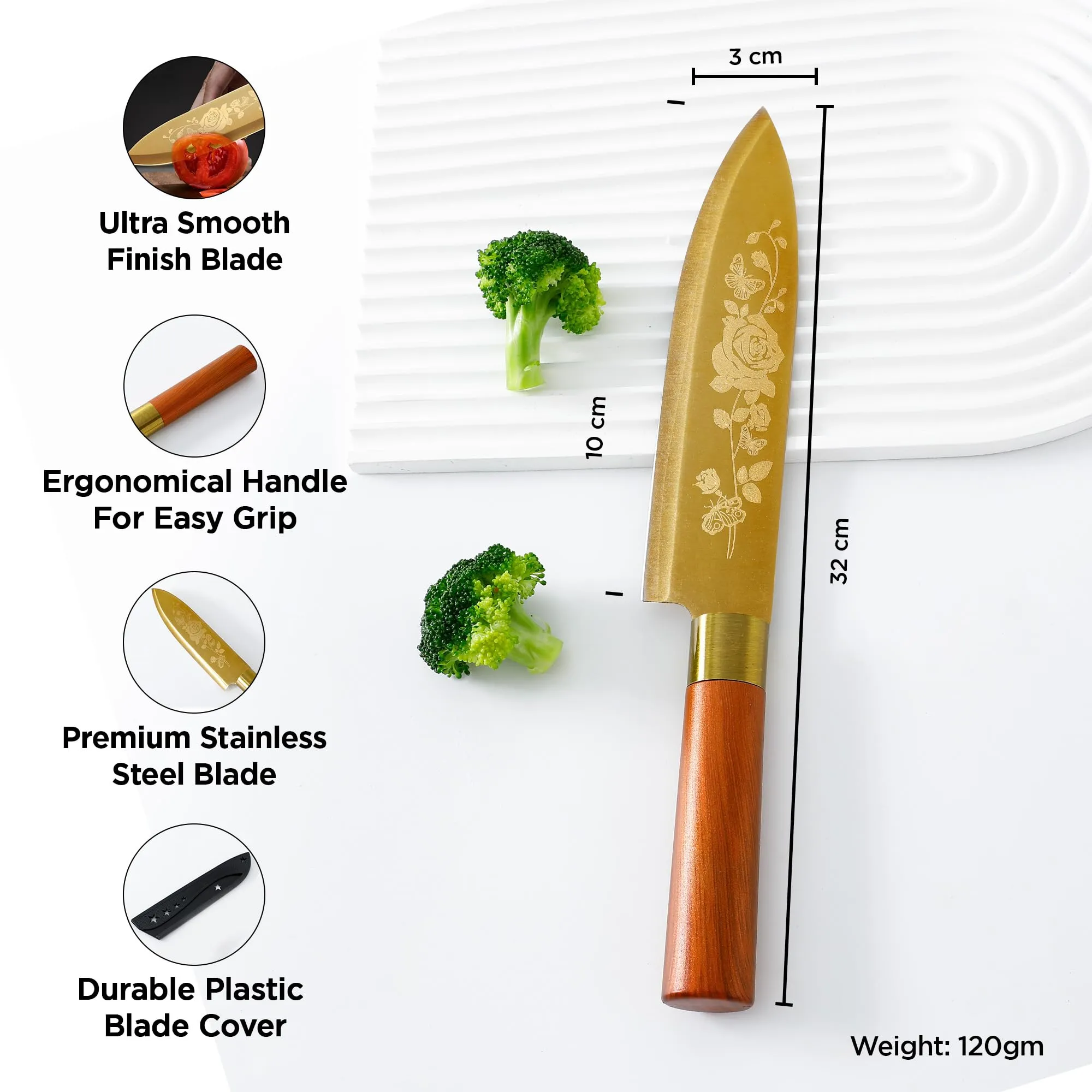 UMAI Sharp Knife for Kitchen (7 Inch) Chef Knife | Chaku Knife | Printed Knife| Nife | Chopping Knife | Steel Kitchen Knife with Cover | Chopper Knife for Kitchen (Golden)