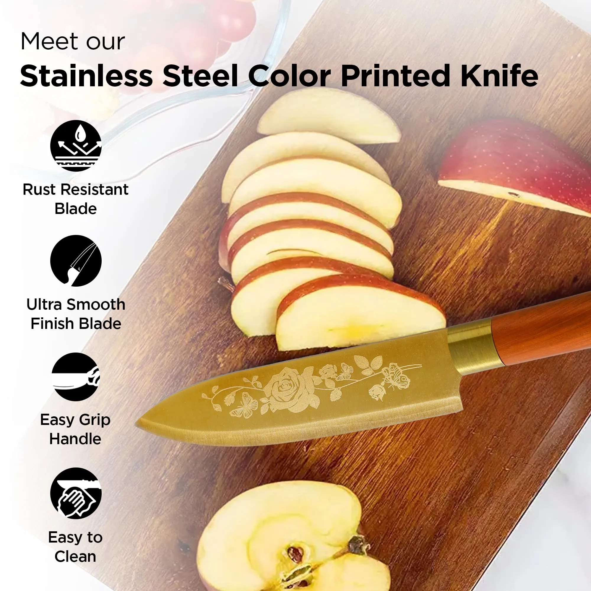 UMAI Sharp Knife for Kitchen (7 Inch) Chef Knife | Chaku Knife | Printed Knife| Nife | Chopping Knife | Steel Kitchen Knife with Cover | Chopper Knife for Kitchen (Golden)