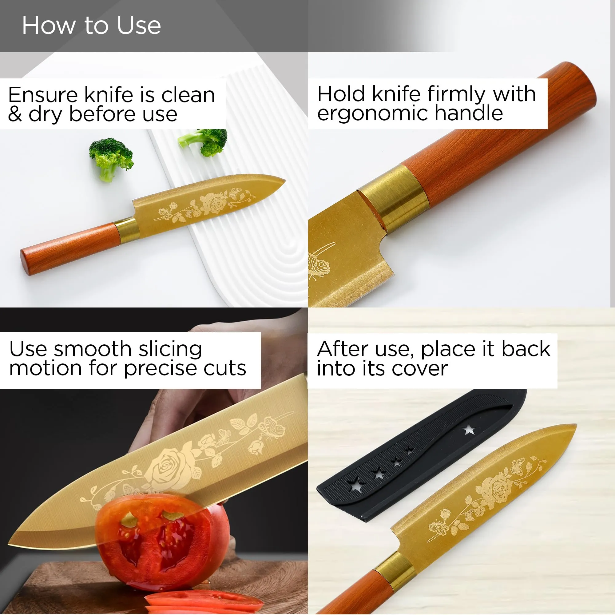 UMAI Sharp Knife for Kitchen (7 Inch) Chef Knife | Chaku Knife | Printed Knife| Nife | Chopping Knife | Steel Kitchen Knife with Cover | Chopper Knife for Kitchen (Golden)