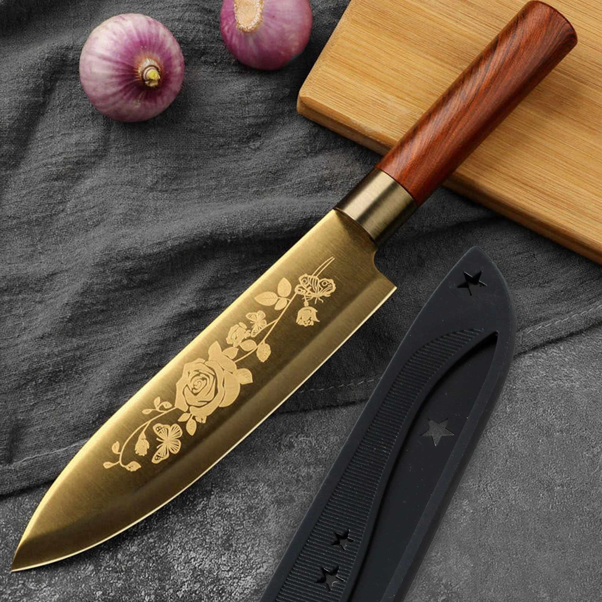 UMAI Sharp Knife for Kitchen (7 Inch) Chef Knife | Chaku Knife | Printed Knife| Nife | Chopping Knife | Steel Kitchen Knife with Cover | Chopper Knife for Kitchen (Golden)