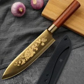 UMAI Sharp Knife for Kitchen (7 Inch) Chef Knife | Chaku Knife | Printed Knife| Nife | Chopping Knife | Steel Kitchen Knife with Cover | Chopper Knife for Kitchen (Golden)