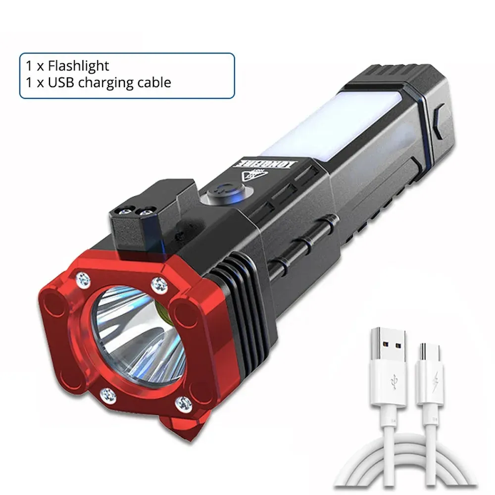 USB Charging Super Bright LED Flashlight with Safety Hammer Side Light Torch Light Portable Lantern Outdoor Adventure Lighting
