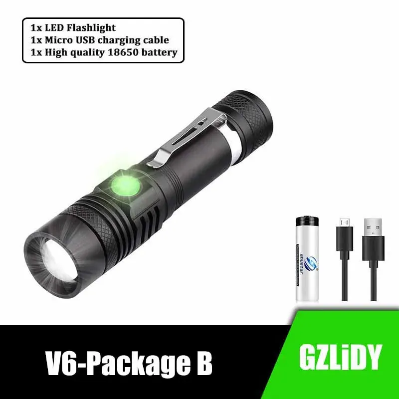 USB Rechargeable LED Flashlight Super Bright V6 Tactical Torch 4 Lighting Modes Zoomable Lamp Waterproof 18650 Camping  Lantern