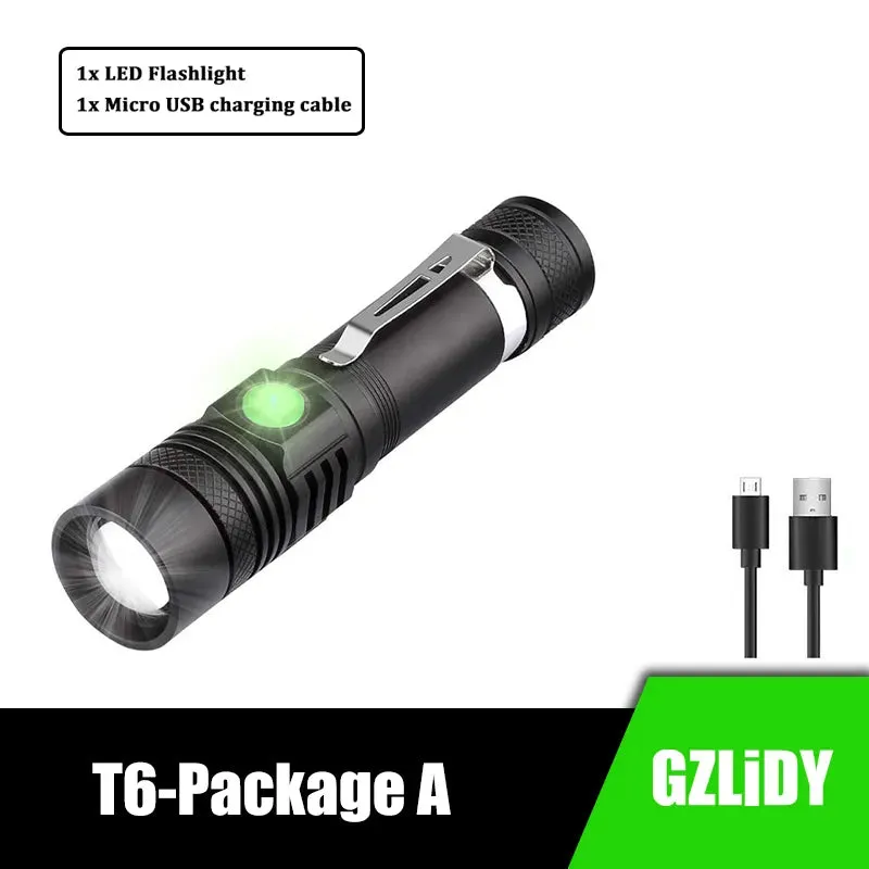 USB Rechargeable LED Flashlight Super Bright V6 Tactical Torch 4 Lighting Modes Zoomable Lamp Waterproof 18650 Camping  Lantern