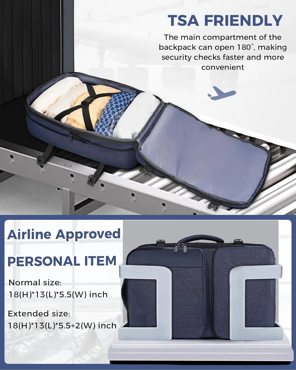 Vancropak Suitcase Backpack for Travel, Airline Approved Expandable Carry on Travel Backpack with 3 Packing Cubes, TSA Personal Item Duffel Bag for Men Women, 40L Water Resistant Weekender Bag, Blue