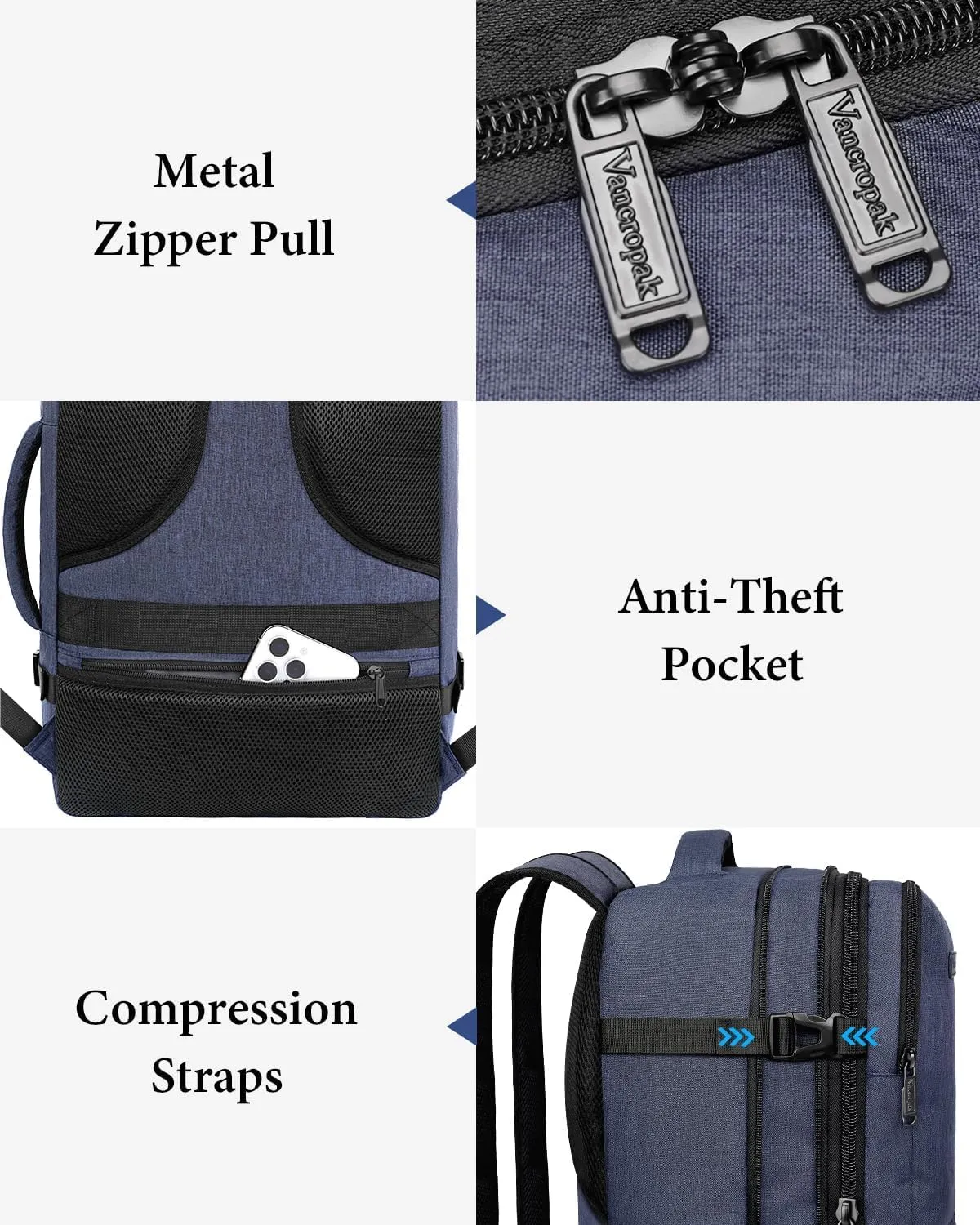 Vancropak Suitcase Backpack for Travel, Airline Approved Expandable Carry on Travel Backpack with 3 Packing Cubes, TSA Personal Item Duffel Bag for Men Women, 40L Water Resistant Weekender Bag, Blue