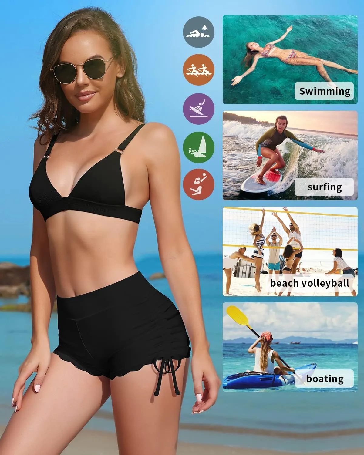 WOWENY Side Tie Swim Shorts for Women High Waisted Board Shorts Swimwear Bottom Bathing Suit Shorts Boy Shorts Swimsuits