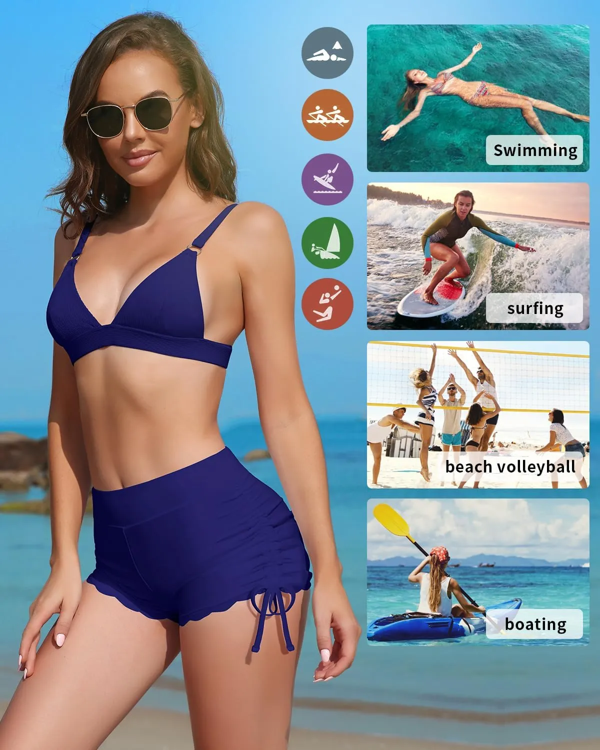 WOWENY Side Tie Swim Shorts for Women High Waisted Board Shorts Swimwear Bottom Bathing Suit Shorts Boy Shorts Swimsuits