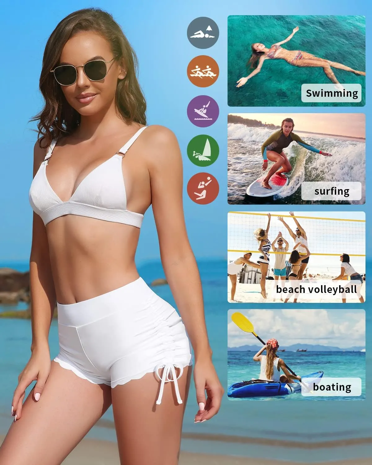 WOWENY Side Tie Swim Shorts for Women High Waisted Board Shorts Swimwear Bottom Bathing Suit Shorts Boy Shorts Swimsuits